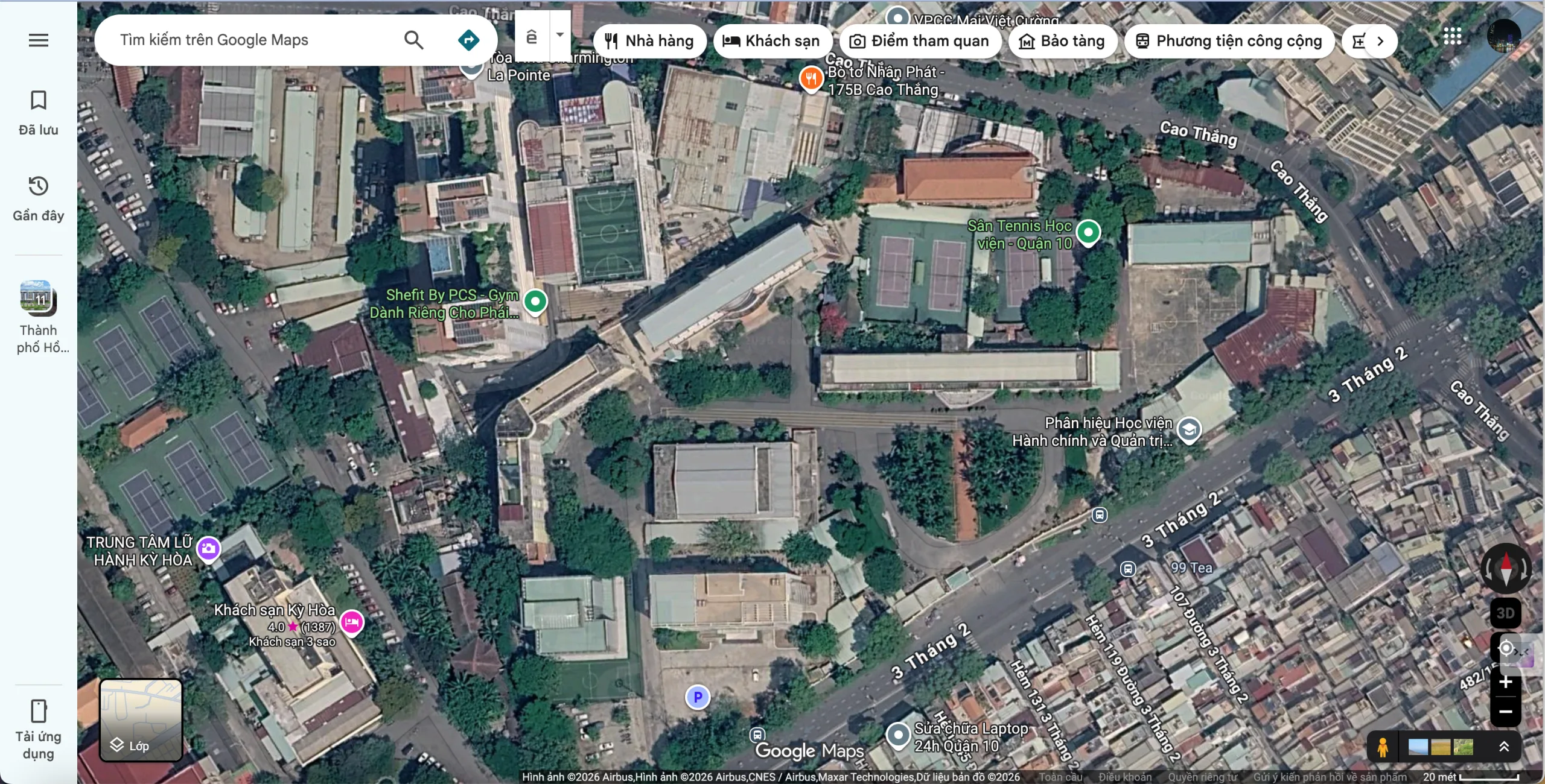 Ảnh vệ tinh khu đất gần sân tennis, Cao Thắng và đường 3 Tháng 2 tại khu vực Kỳ Hòa Quận 10