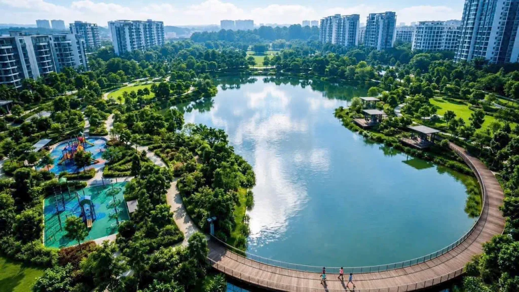 Hồ trung tâm và công viên cảnh quan tại khu đô thị Vinhomes, minh họa tiêu chuẩn tiện ích cho Vinhomes Kỳ Hòa