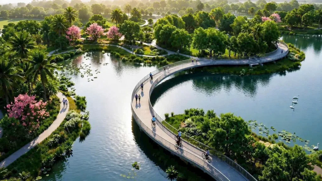 Cầu đi bộ ven hồ trong công viên khu đô thị Vinhomes, minh họa tiện ích cảnh quan Vinhomes