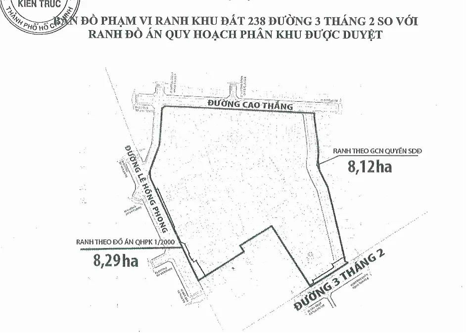 Bản đồ ranh giới khu đất 238 đường 3 Tháng 2 so với ranh quy hoạch phân khu được duyệt