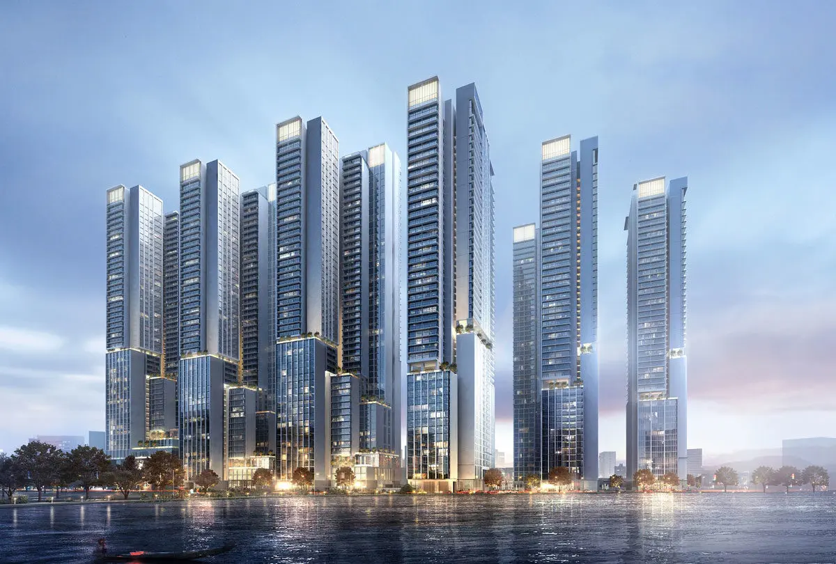 Ảnh minh họa khu phức hợp cao tầng bên mặt nước, không phải phối cảnh Vinhomes Kỳ Hòa
