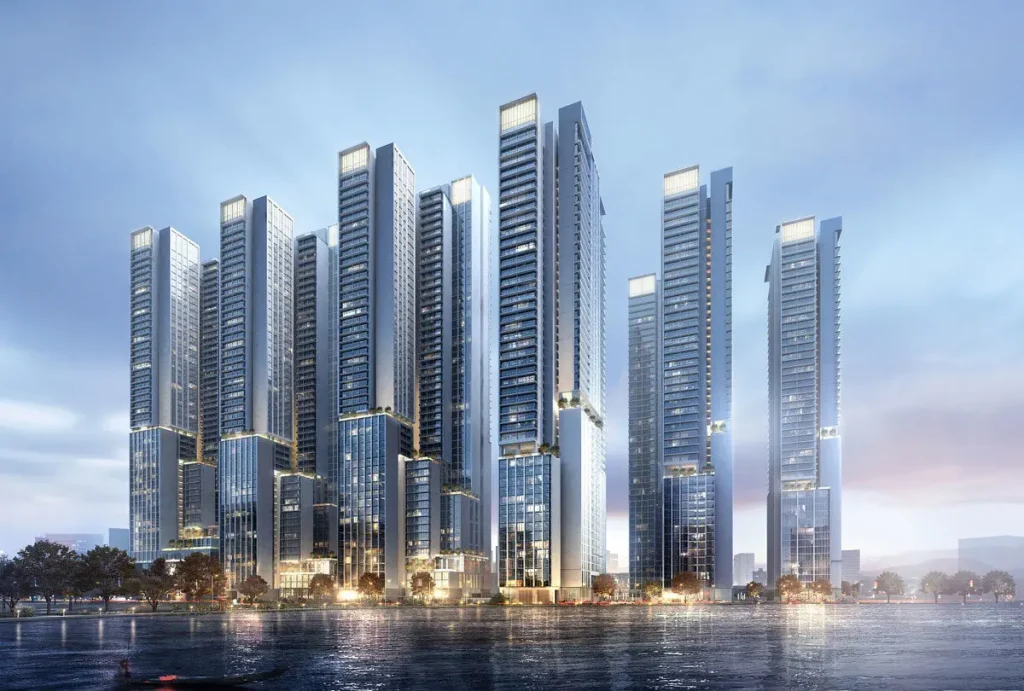 Ảnh minh họa khu phức hợp cao tầng bên mặt nước, không phải phối cảnh Vinhomes Kỳ Hòa